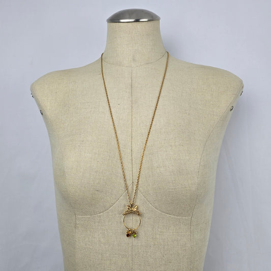 Vintage Avon Bow Circle Pendant Necklace Garnet & Peridot Glass Charms