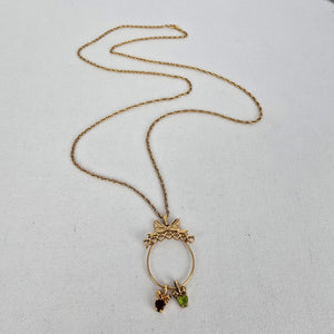 Vintage Avon Bow Circle Pendant Necklace Garnet & Peridot Glass Charms