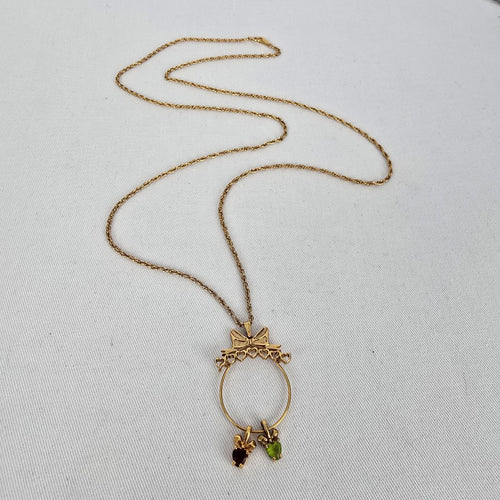 Vintage Avon Bow Circle Pendant Necklace Garnet & Peridot Glass Charms