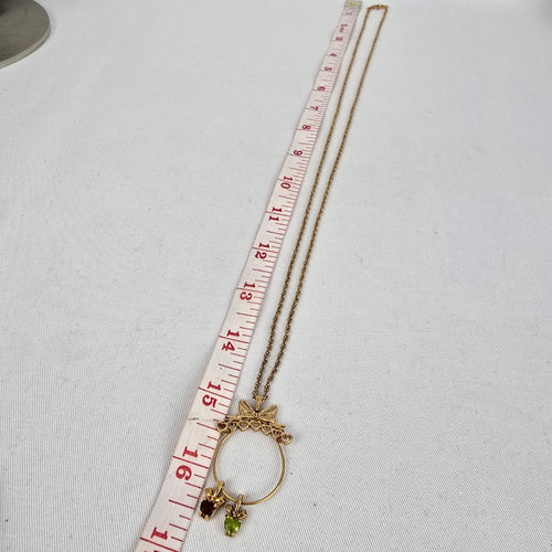 Vintage Avon Bow Circle Pendant Necklace Garnet & Peridot Glass Charms