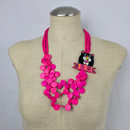 Vintage 80s Neon Pink Cat Statement Necklace