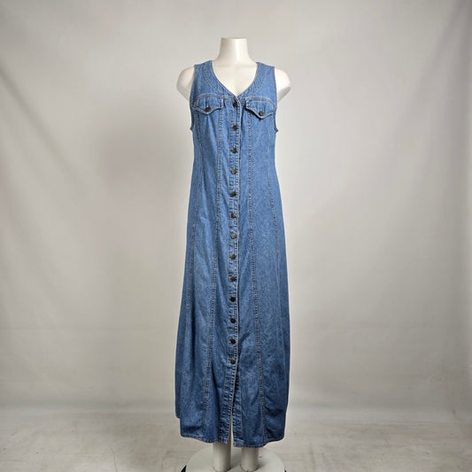 Vintage Sigrid Olsen 90s Denim Maxi Dress Button Front Sleeveless Cottagecore Size 16