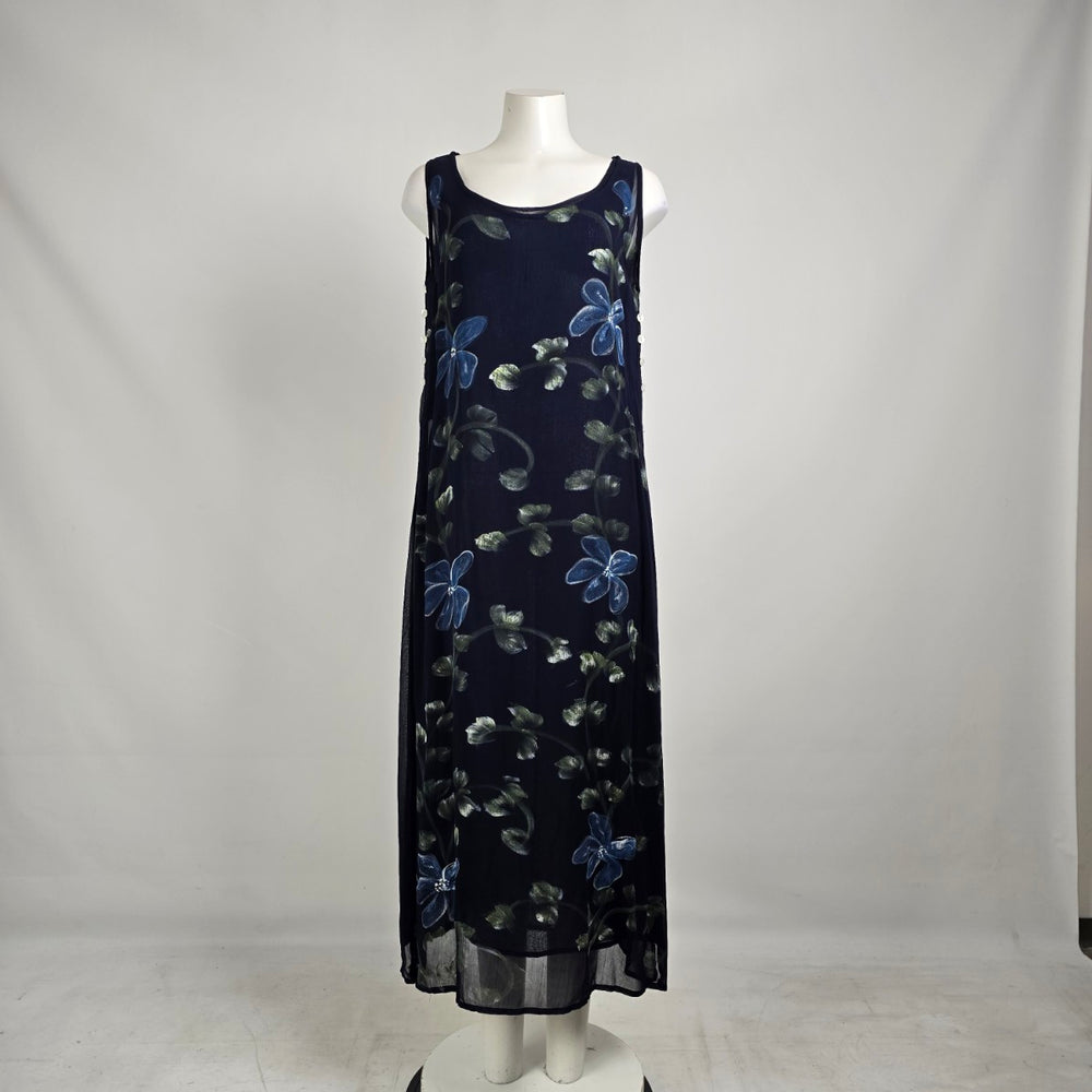 Vintage Sheer Floral Maxi Dress – Navy Blue Mesh Overlay Dress Size M