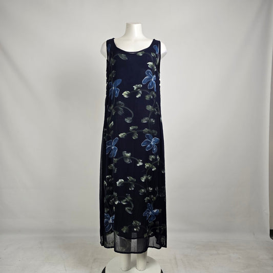 Vintage Sheer Floral Maxi Dress – Navy Blue Mesh Overlay Dress Size M