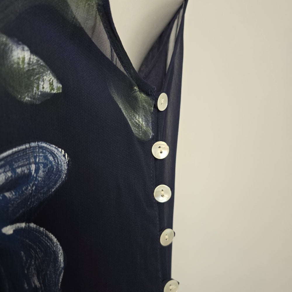 Vintage Sheer Floral Maxi Dress – Navy Blue Mesh Overlay Dress Size M