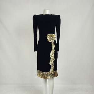 Vintage 80s Maggy London Black Velvet Cocktail Dress Sz 4– Gold Lamé Ruffle Party Dress