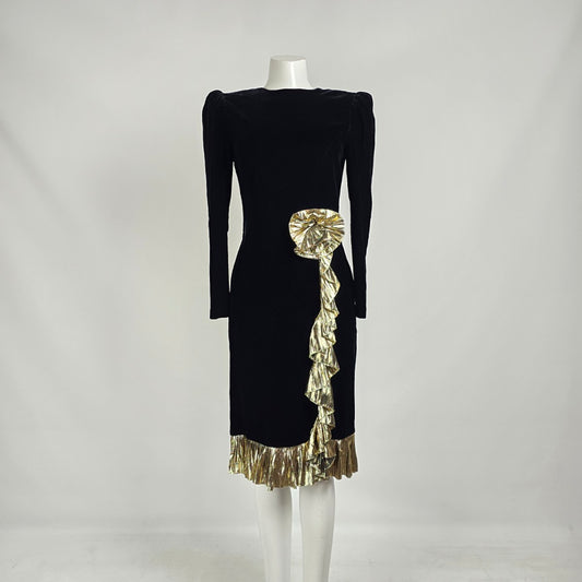 Vintage 80s Maggy London Black Velvet Cocktail Dress Sz 4– Gold Lamé Ruffle Party Dress