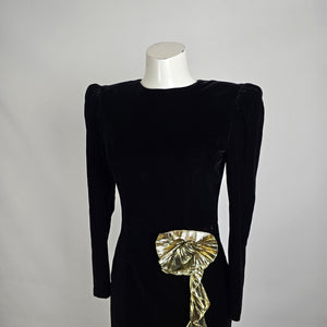 Vintage 80s Maggy London Black Velvet Cocktail Dress Sz 4– Gold Lamé Ruffle Party Dress