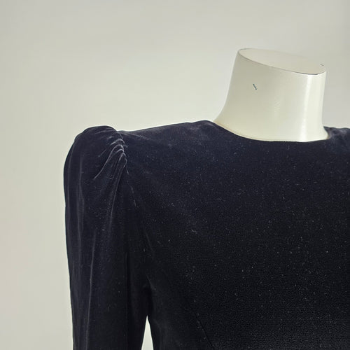 Vintage 80s Maggy London Black Velvet Cocktail Dress Sz 4– Gold Lamé Ruffle Party Dress