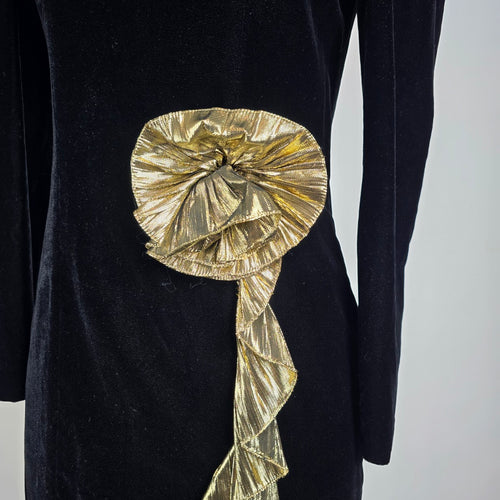 Vintage 80s Maggy London Black Velvet Cocktail Dress Sz 4– Gold Lamé Ruffle Party Dress