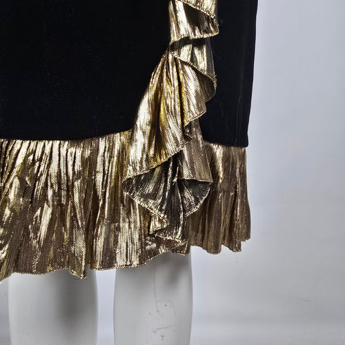 Vintage 80s Maggy London Black Velvet Cocktail Dress Sz 4– Gold Lamé Ruffle Party Dress
