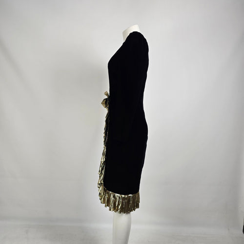 Vintage 80s Maggy London Black Velvet Cocktail Dress Sz 4– Gold Lamé Ruffle Party Dress