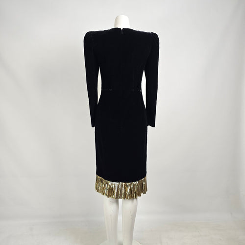 Vintage 80s Maggy London Black Velvet Cocktail Dress Sz 4– Gold Lamé Ruffle Party Dress