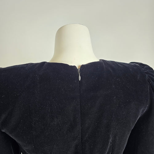 Vintage 80s Maggy London Black Velvet Cocktail Dress Sz 4– Gold Lamé Ruffle Party Dress