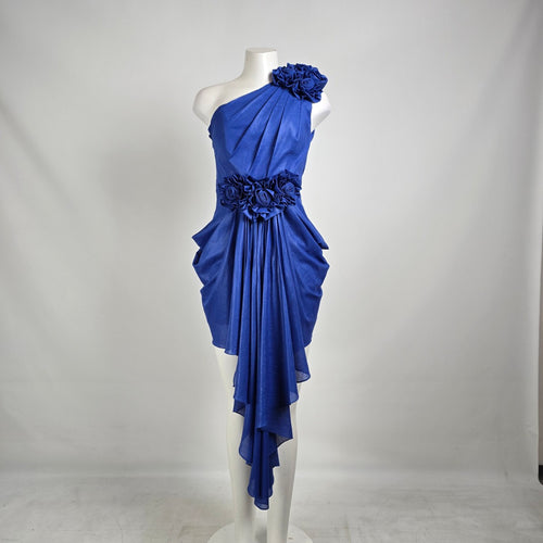 Vintage 80s Lalana House Couture One Shoulder Cobalt Blue Rosette Cocktail Dress Size S