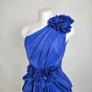 Vintage 80s Lalana House Couture One Shoulder Cobalt Blue Rosette Cocktail Dress Size S