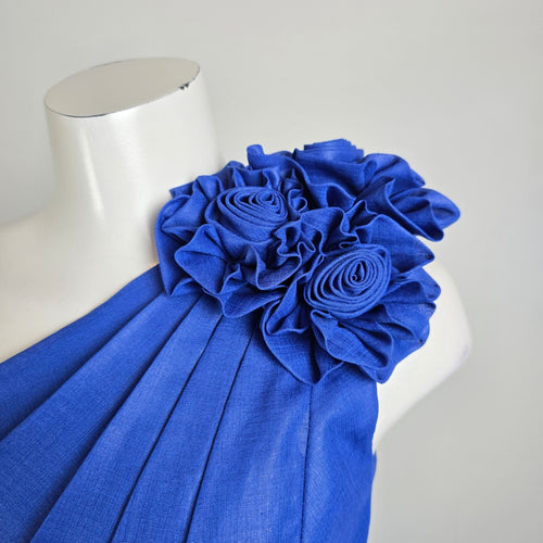 Vintage 80s Lalana House Couture One Shoulder Cobalt Blue Rosette Cocktail Dress Size S