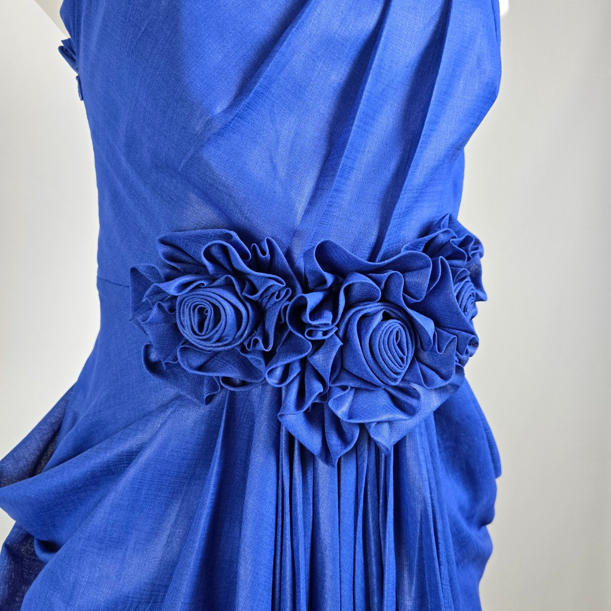 Vintage 80s Lalana House Couture One Shoulder Cobalt Blue Rosette Cocktail Dress Size S