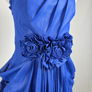 Vintage 80s Lalana House Couture One Shoulder Cobalt Blue Rosette Cocktail Dress Size S