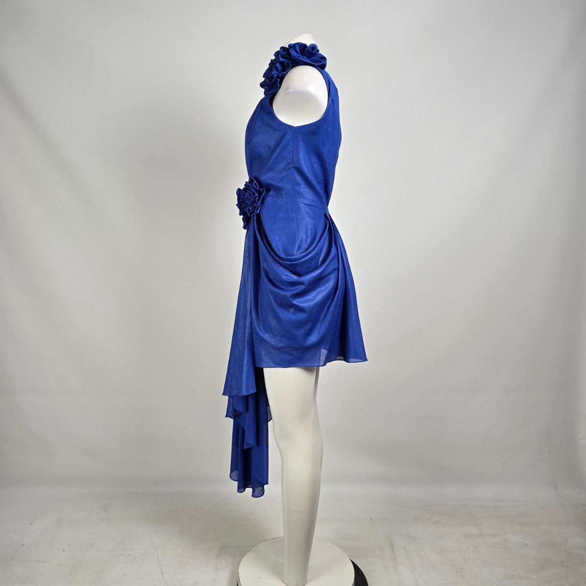 Vintage 80s Lalana House Couture One Shoulder Cobalt Blue Rosette Cocktail Dress Size S