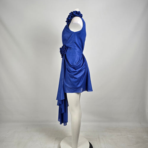 Vintage 80s Lalana House Couture One Shoulder Cobalt Blue Rosette Cocktail Dress Size S