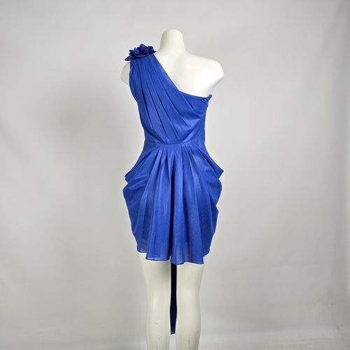 Vintage 80s Lalana House Couture One Shoulder Cobalt Blue Rosette Cocktail Dress Size S