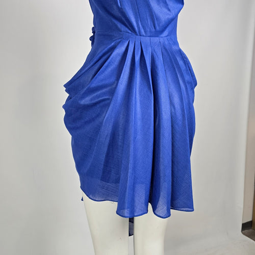 Vintage 80s Lalana House Couture One Shoulder Cobalt Blue Rosette Cocktail Dress Size S