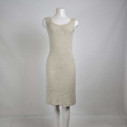 Vintage 60s Metallic Knit Wiggle Dress Silver Shimmer Cocktail Dress Sz M/L