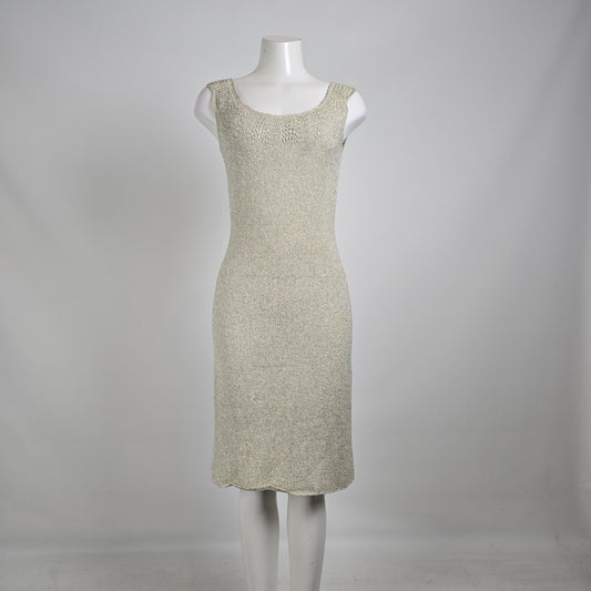 Vintage 60s Metallic Knit Wiggle Dress Silver Shimmer Cocktail Dress Sz M/L