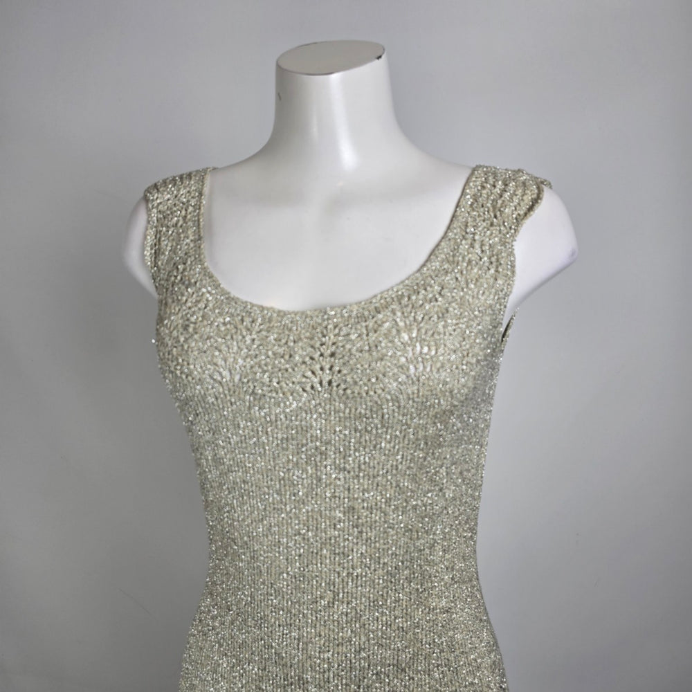 Vintage 60s Metallic Knit Wiggle Dress Silver Shimmer Cocktail Dress Sz M/L