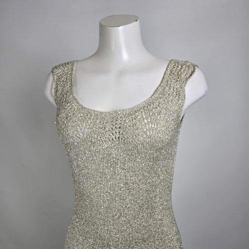 Vintage 60s Metallic Knit Wiggle Dress Silver Shimmer Cocktail Dress Sz M/L