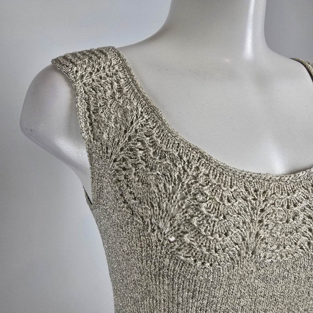 Vintage 60s Metallic Knit Wiggle Dress Silver Shimmer Cocktail Dress Sz M/L