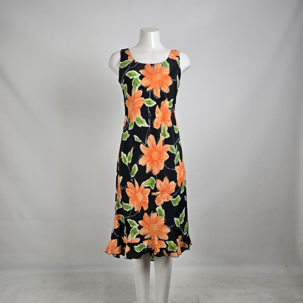 Vintage Jessica Black Orange Floral Midi Dress Size 8 Tropical Y2K Slip Dress