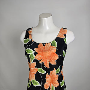 Vintage Jessica Black Orange Floral Midi Dress Size 8 Tropical Y2K Slip Dress