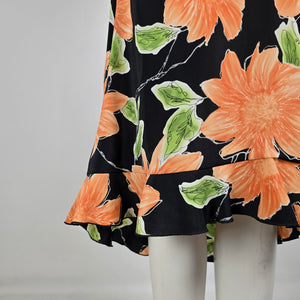 Vintage Jessica Black Orange Floral Midi Dress Size 8 Tropical Y2K Slip Dress