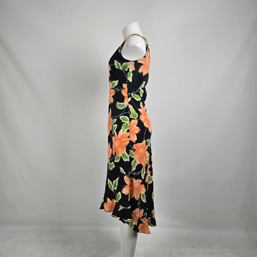 Vintage Jessica Black Orange Floral Midi Dress Size 8 Tropical Y2K Slip Dress