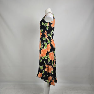 Vintage Jessica Black Orange Floral Midi Dress Size 8 Tropical Y2K Slip Dress
