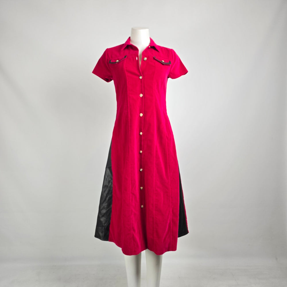 Vintage 90s Red Velvet Midi Dress Leather Panel Western Glam Size M/L