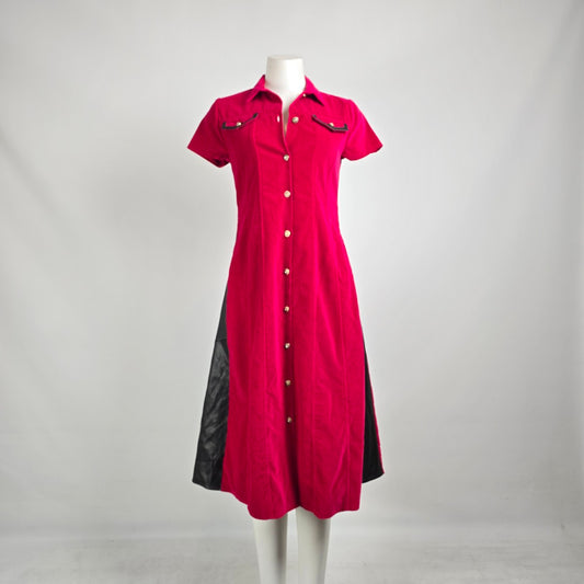 Vintage 90s Red Velvet Midi Dress Leather Panel Western Glam Size M/L
