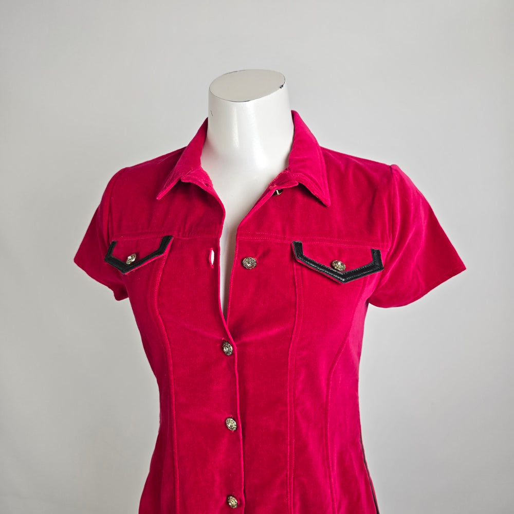 Vintage 90s Red Velvet Midi Dress Leather Panel Western Glam Size M/L