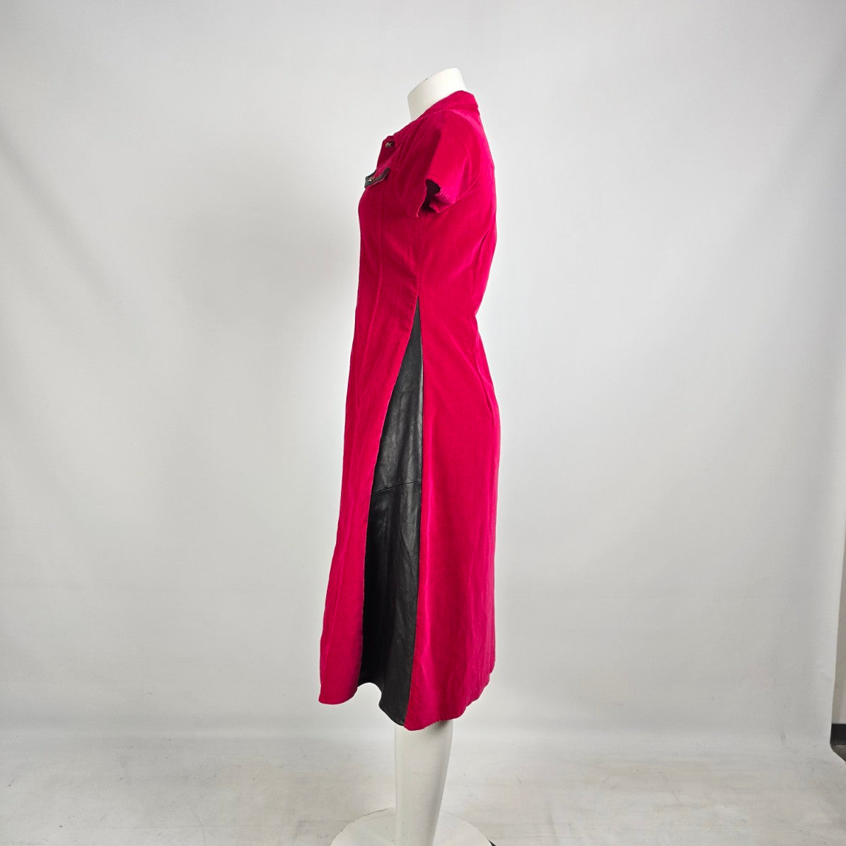 Vintage 90s Red Velvet Midi Dress Leather Panel Western Glam Size M/L