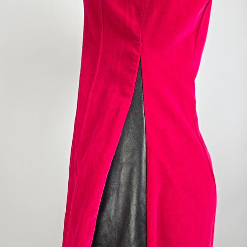 Vintage 90s Red Velvet Midi Dress Leather Panel Western Glam Size M/L