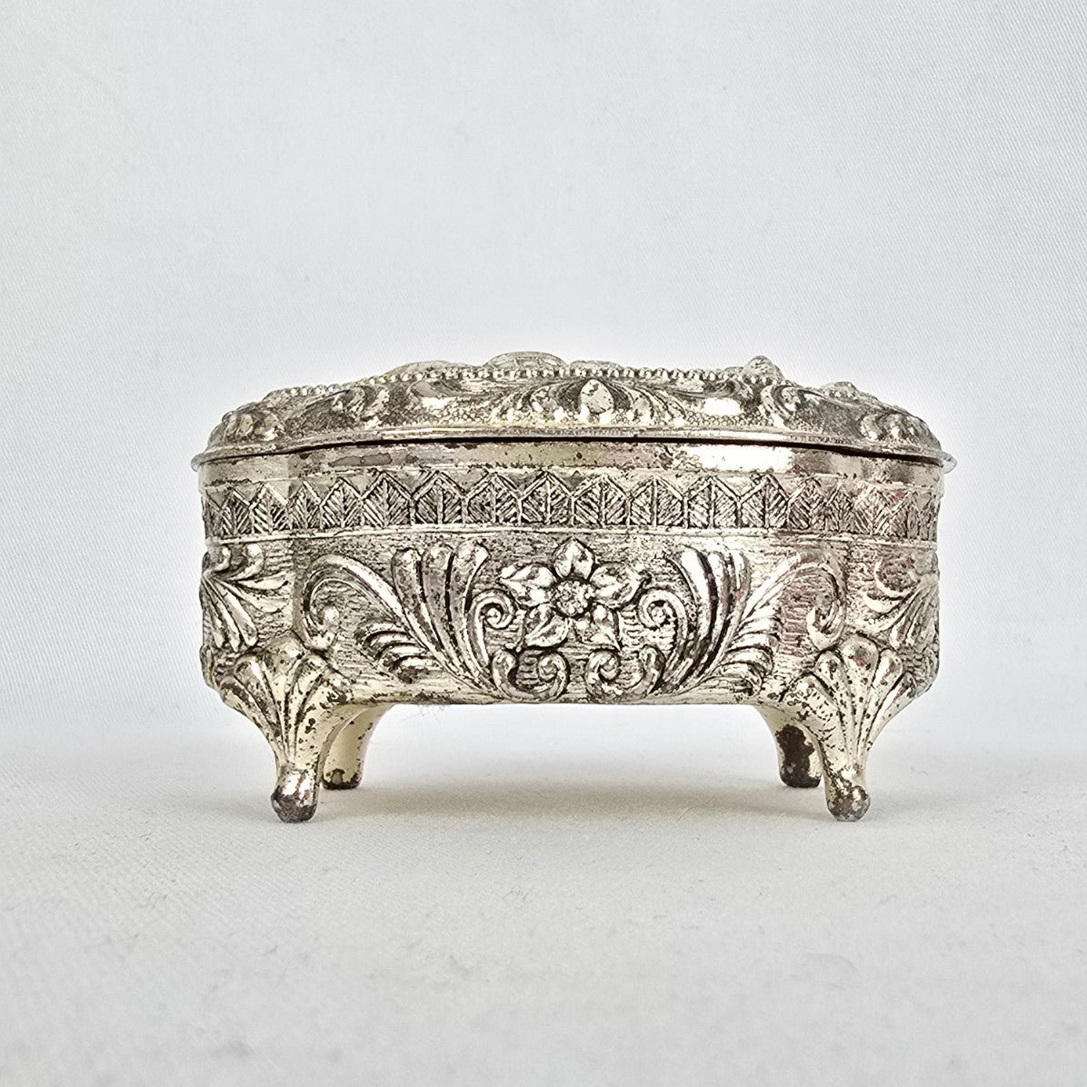 Vintage Japan Victorian Style Silver Footed Jewelry Box Vanity Trinket Box