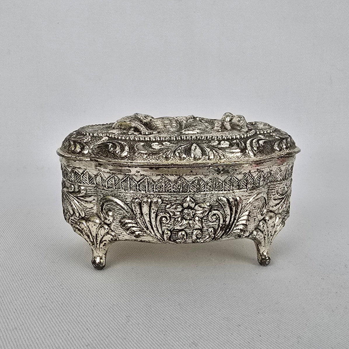Vintage Japan Victorian Style Silver Footed Jewelry Box Vanity Trinket Box