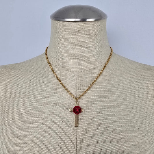 Vintage Napier Cross Pendant Necklace Red Rose Gold Tone