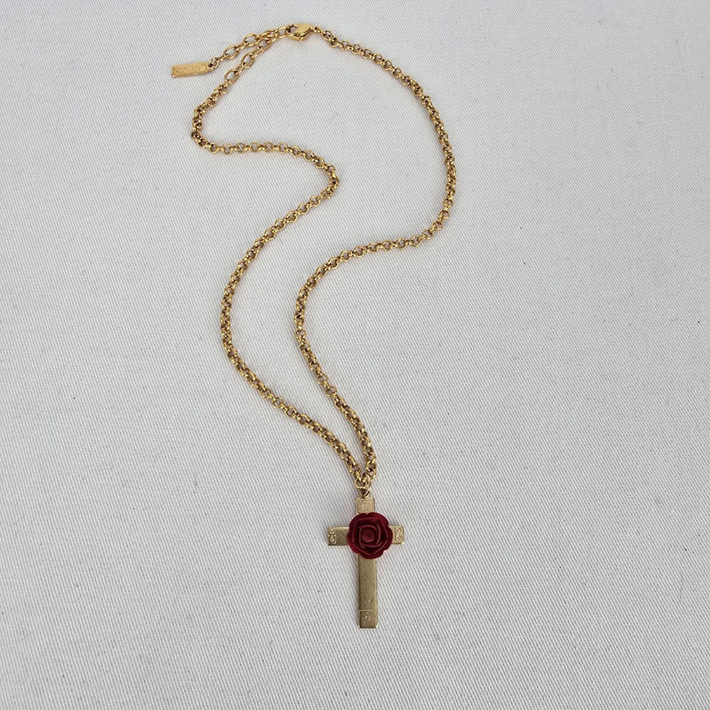 Vintage Napier Cross Pendant Necklace Red Rose Gold Tone