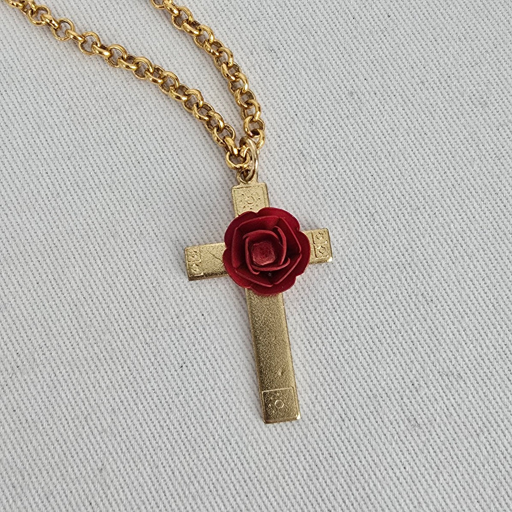 Vintage Napier Cross Pendant Necklace Red Rose Gold Tone