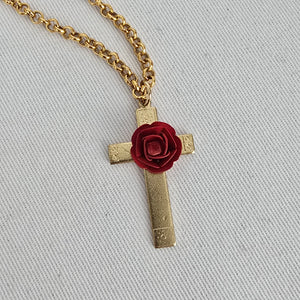 Vintage Napier Cross Pendant Necklace Red Rose Gold Tone