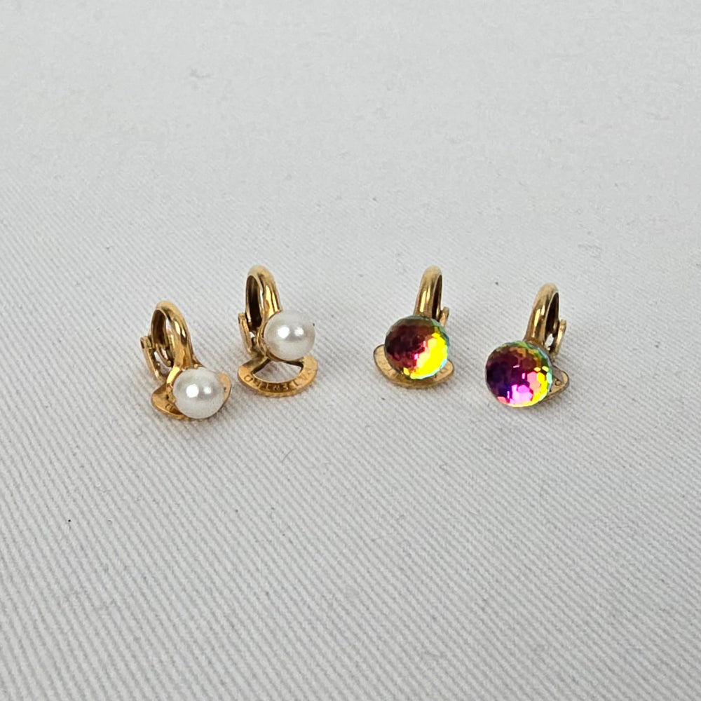 Vintage Patented Aurora Borealis & Faux Pearl Clip On Earrings Gold Tone AB Crystal