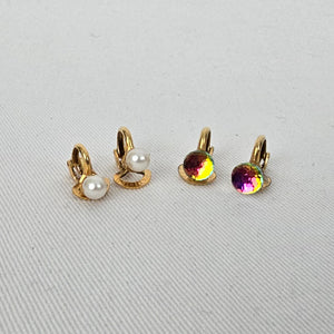 Vintage Patented Aurora Borealis & Faux Pearl Clip On Earrings Gold Tone AB Crystal